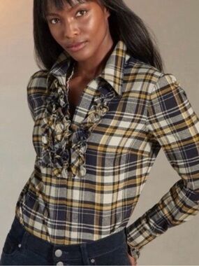 Cabi Plaid Ruffle Button Up Flannel Shirt Style 4233.